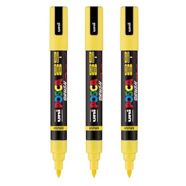 Imagem de posca Marcadores de tinta à base de água uni PC-5BR, ponta de pincel reversível (1,0-4,0 mm), amarelo, 3 unidades