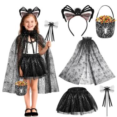Imagem de Beipegin Fantasia de aranha para crianças, capa de teia de aranha, saia tutu, faixa de cabeça de aranha, bolsa de doces, fantasia de vampiro de Dia das Bruxas, Preto, one szie
