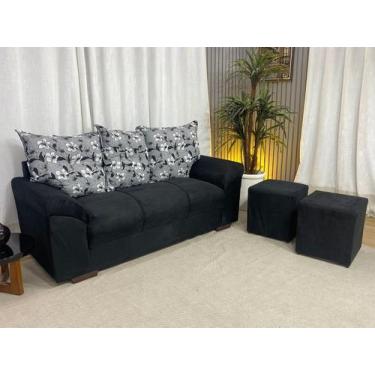 Imagem de Sofá 3 Lugares Chile com Puff Alpoim Preto com Floral 601/37