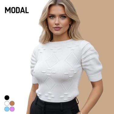 Imagem de Blusa Tricot Modal Losango Manga Curta - Vitrine Collection, Branco, U