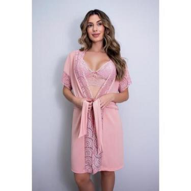 Imagem de Robe de Luxo Microfibra Com Renda Hobby Roupão Roupa de Dormir com Cin