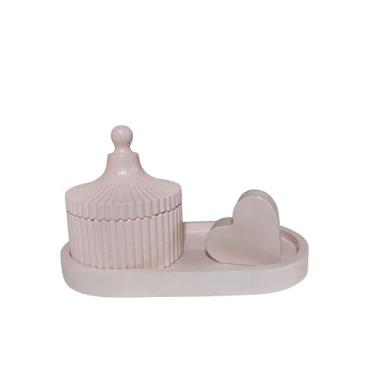 Imagem de Conjunto de Bandeja Decorativa com Relevo de Folha e Porta-Joias Plissado, Cor rosa e coração porta retrato ou recado 3 Peças