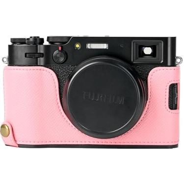 Imagem de Capa X100V, capa BMAOLLONGB feita à mão de couro de fibra de carbono PU para meia câmera, versão com abertura inferior para Fujifilm X100V com alça de mão (rosa)