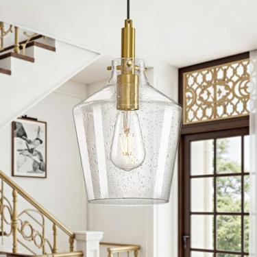 Imagem de Vaziden Luminária pendente de vidro semeado moderno para ilha de cozinha, 1 pacote, luminárias pendentes douradas, luminária pendente de teto ajustável de altura, persianas de vidro com sementes