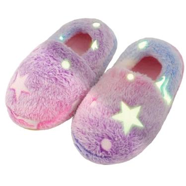 Imagem de LOBUJOU Chinelos infantis felpudos que brilham no escuro, Roxa, 12-13 Little Kid