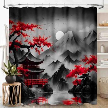 Imagem de Cortinas de chuveiro de flor de cerejeira japonesa, pintura de tinta tradicional vermelha floral ameixa flor asiática montanhas orientais paisagem tecido impermeável conjunto de cortina de chuveiro de