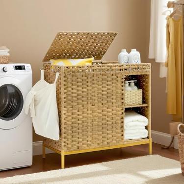 Imagem de Gitelsnour Cesto de roupa suja com tampa, cesto de roupa suja de vime de vime com 2 seções com prateleira de armazenamento de 3 camadas (50L), cesta de triagem de roupa de vime com 3 sacos e alças