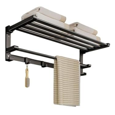 Imagem de Toalheiro de banheiro para banheiro, prateleira de toalha de aço inoxidável com barra de toalha e ganchos, prateleira de toalha dobrável montada na parede, preto/cinza essenciais para casa (preto, 2GG