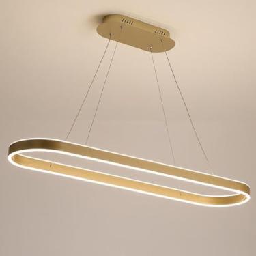Imagem de Luminária pendente oval criativa LED dourada para mesa de jantar Luminária pendente retangular para sala de jantar Luminária de design em anel Iluminação para escritório Regulável com contro