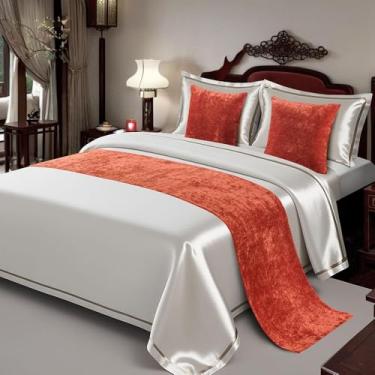 Imagem de Cachecol de corredor de cama de hotel cor sólida sem desbotamento decoração de cama de veludo luxuoso para quarto de cama proteção de cama macia de qualidade para cama dupla queen tamanho king