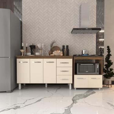 Imagem de Mobília Decor, Gabinete Armário Carine 138 cm com Tampo Tampão e Balcão Evelyn Para cooktop 5 Bocas Savana e Off White