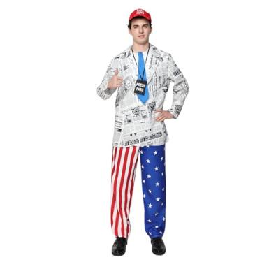 Imagem de EraSpooky Fantasia masculina de âncora de notícias falsas, jornalista jornalista, terno patriótico adulto com chapéu, gravata e passe de pressão, Branco, M