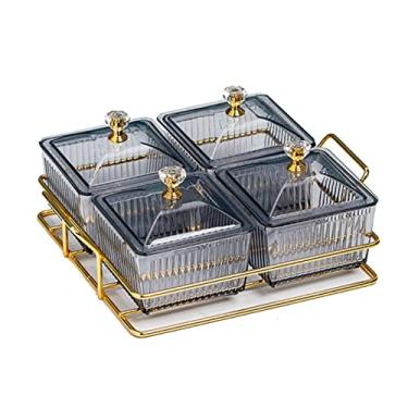 Imagem de Bandeja de tempero dividida de plástico, tigela removível com tampas, bandeja de servir lanches de festa para aperitivo de frutas, sobremesa, doces, cinza, 4 compartimentos B