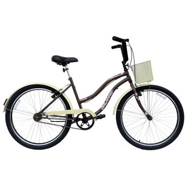 Imagem de Bicicleta Feminina 26 Beach Retrô Marrom Monomarcha com Aros duplos, Pneus Slik, Paralamas e Cesta Bege - Dalannio Bike