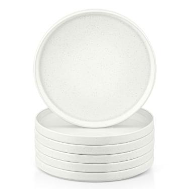Imagem de Herogo Conjunto de 6 pratos de jantar de 19 cm, conjunto de pratos de sobremesa pequenos de grés, seguro para micro-ondas para servir, seguro para forno e lava-louças, branco salpicado