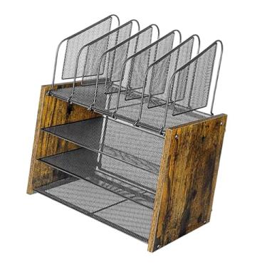 Imagem de Generic Organizador de mesa de malha de 4 camadas, 5 suportes verticais para arquivos, bandeja de papel de madeira estilosa para papelaria, salas de aula, Sem Gaveta