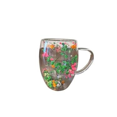 Imagem de Caneca Xícara de vidro duplo com flores artificiais no interior 350ml (02-E)