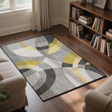 Imagem de Avisiatree Tapete de área de círculos abstratos contemporâneo, durável, tapete de alto tráfego para sala de estar, quarto, escritório em casa, 9 x 1,5 m, cinza, amarelo