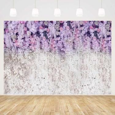 Imagem de MEHOFOND Pano de fundo floral lavanda e branco para chá de panela, estúdio fotográfico, lilás, lilás, pano de fundo para meninas, decoração de festa de aniversário, faixa de 2,1 x 1,5 m