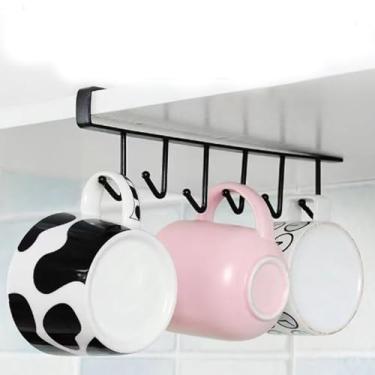 Imagem de Suporte de utensílios de cozinha de metal ganchos de fileira sob armário organizador prateleira rack de armazenamento para despensa (fileira única preta com 6 ganchos)