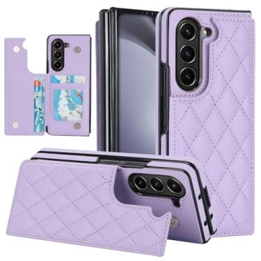 Imagem de Capa carteira para Samsung Galaxy Z Fold 5 com suporte para cartão, capa flip de couro com suporte, fecho magnético, capa de telefone resistente à prova de choque (roxa)