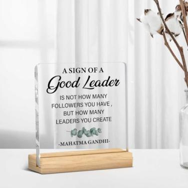 Imagem de Presentes de líder para homens e mulheres mentores, presentes de liderança um sinal de um bom líder frases decorações de mesa transparente placa de acrílico com suporte de madeira para decoração de