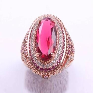 Imagem de Anel oval vermelho CZ para mulheres, design pavimentado de zircônia cúbica de várias fileiras, 7, Latão, Zircônia cúbica