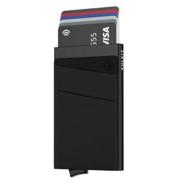 Imagem de VULKIT Porta-cartões com bolso para dinheiro, carteira pop-up com bloqueio de RFID, capa fina de metal para cartões bancários comporta 5 cartões e notas, Preto, S, Rfid