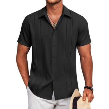 Imagem de Camisa COOFANDY Cuban Guayabera preta de manga curta