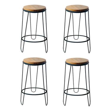 Imagem de Kit 4 Banquetas Guatemala Industrial Em Ferro E Madeira Maciça Marrom