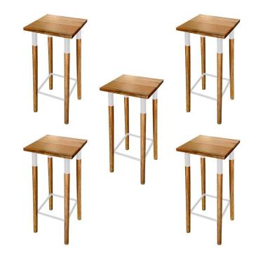 Imagem de Kit 5 Banquetas Bistro Industrial Colors Ferro E Madeira Maciça - Branca Branco