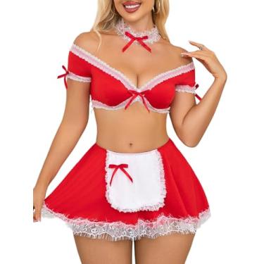 Imagem de Aranmei Conjunto de lingerie sexy para mulheres, conjunto de fantasia de empregada com minissaia e gargantilha, conjunto de lingerie cosplay, 4 peças, Vermelho, Large