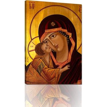 Imagem de Impressão em tela com ícone ortodoxo cristão virgem e Jesus decoração de parede mãe de Deus pintura de imagem bizantina para decoração de quarto de casa pôster com moldura pronta para pendurar (50 cm