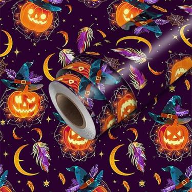 Imagem de HOMETITUTE Papel de parede de abóbora de Halloween, descasque e cole o chapéu de bruxa assustador, padrão de lua, 43 x 39 cm, papel de contato autoadesivo removível para quarto, sala de estar