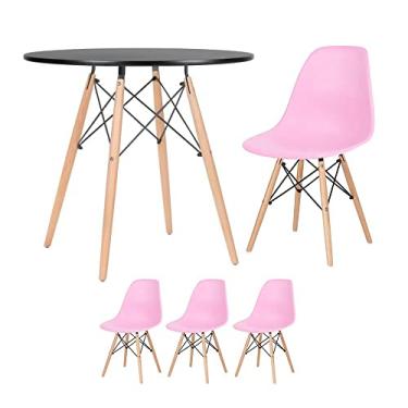Imagem de Loft7, Mesa redonda Eames 80 cm preto + 3 cadeiras Eiffel DSW Rosa claro