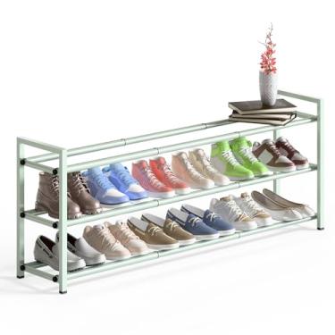 Imagem de Bumusty Sapateira expansível longa de 3 camadas para armário, 45,7 a 111,8 cm, sapateira ajustável para entrada, 15 a 18 pares de armazenamento grande de prateleira organizadora de sapatos, metal