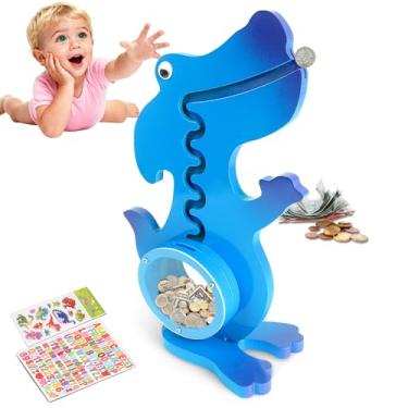 Imagem de Vennocci Cofrinho de dinossauro para crianças, meninos, meninas, cofrinho de madeira com grande barriga de acrílico transparente, linda caixa econômica para crianças, aniversário, Natal (azul)