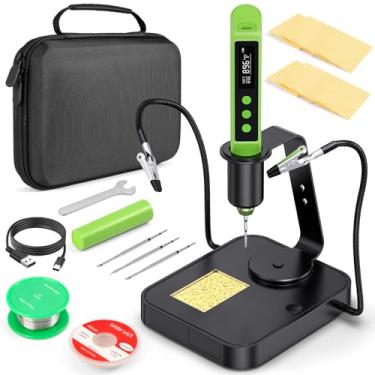 Imagem de Kit de ferro de solda, pistola de solda sem fio com 2 mãos que ajudam, kit de solda OLED de aquecimento rápido 2s de 180 a 480 °C, hibernação automática, inclui suporte giratório de 360°, pontas C210