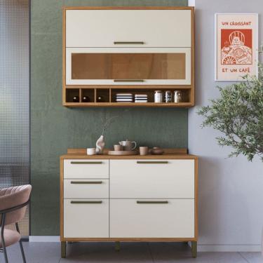 Imagem de Armário de Cozinha com Balcão e Tampo 4 Portas 3 Gavetas Pérola 100% Mdf Vidro Reflecta Amêndoa/Off White - Pnr Móveis