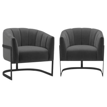 Imagem de Kit 2 Poltronas Decorativas Sala De Estar Recepção Mavie Base De Ferro Preto Linho Adj Decor Cinza Escuro