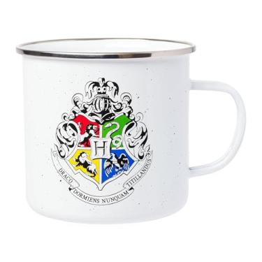 Imagem de Silver Buffalo Harry Potter Hogwarts Varsity Alumni apresenta o brasão da Hogwart House Grifinória, Sonserina, Lufa-Lufa e Corvinal Caneca de Camper esmaltada, 595 g