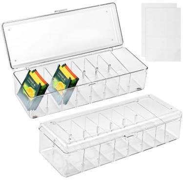 Imagem de Conjunto organizador de saquinhos de chá transparentes de 2 peças com 8 divisórias, tampa, adesivos de etiqueta e laços de zíper, ideal para pacotes de bebidas e organização de despensa