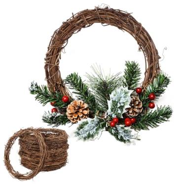Imagem de LUMINFLY Conjunto de argolas florais artesanais, guirlanda de videira, 7 peças, guirlanda de madeira natural, círculo rústico nu de 25 cm para decoração de Natal, arranjos florais feitos à mão
