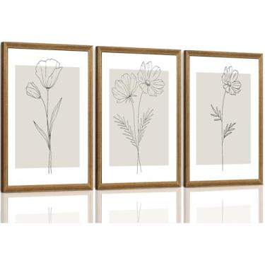 Imagem de ICHZUMW Conjunto de 3 obras de arte de parede botânicas, minimalistas, modernas, neutras, linhas, flores, arte floral, bege, grande, preto e branco, decoração de parede de casa de fazenda, sala de