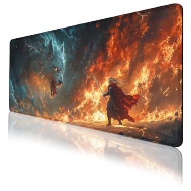 Imagem de Mouse pad Lobo, Fire Lightning Fantasy Epic Beast Battle, teclado grande estendido para laptop, base de borracha antiderrapante com bordas costuradas para casa 80 x 30 cm