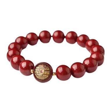 Imagem de Pulseira de miçangas de cinábrio com pingente de moeda antiga, redonda de 10 mm