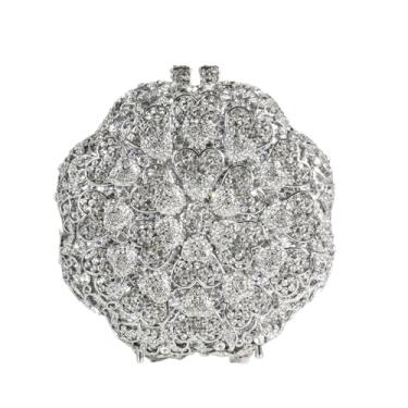 Imagem de XNSYMJD Bolsa feminina de cristal de flor redonda para noite Minaudiere clutch nupcial casamento bolsa de mão com strass para festa de formatura, Prata