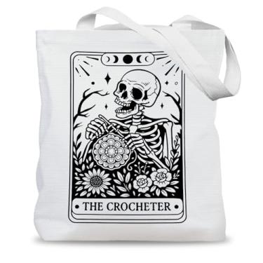 Imagem de LADOCK Sacola de cartão de tarô bruxa, sacola de lona de crochê de esqueleto gótico para mulheres, presente de bruxa para mulheres, caveira gótica engraçada, reutilizável, sacolas de compras de