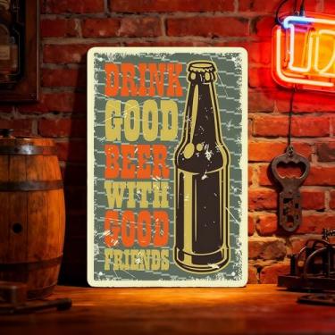 Imagem de 1 peça de arte de parede de metal de cerveja artesanal - Decoração de torneira vintage para Man Cave Bar, cerveja fria rústica e placa de bons amigos com detalhe de tampa de garrafa, verde
