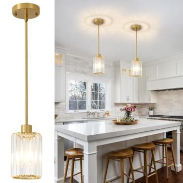 Imagem de GZJunYo Pacote com 2 luzes pendentes douradas para ilha de cozinha, luminárias modernas para pendurar na cozinha, mini luzes pendentes de cristal para sala de jantar, corredor, hall de entrada